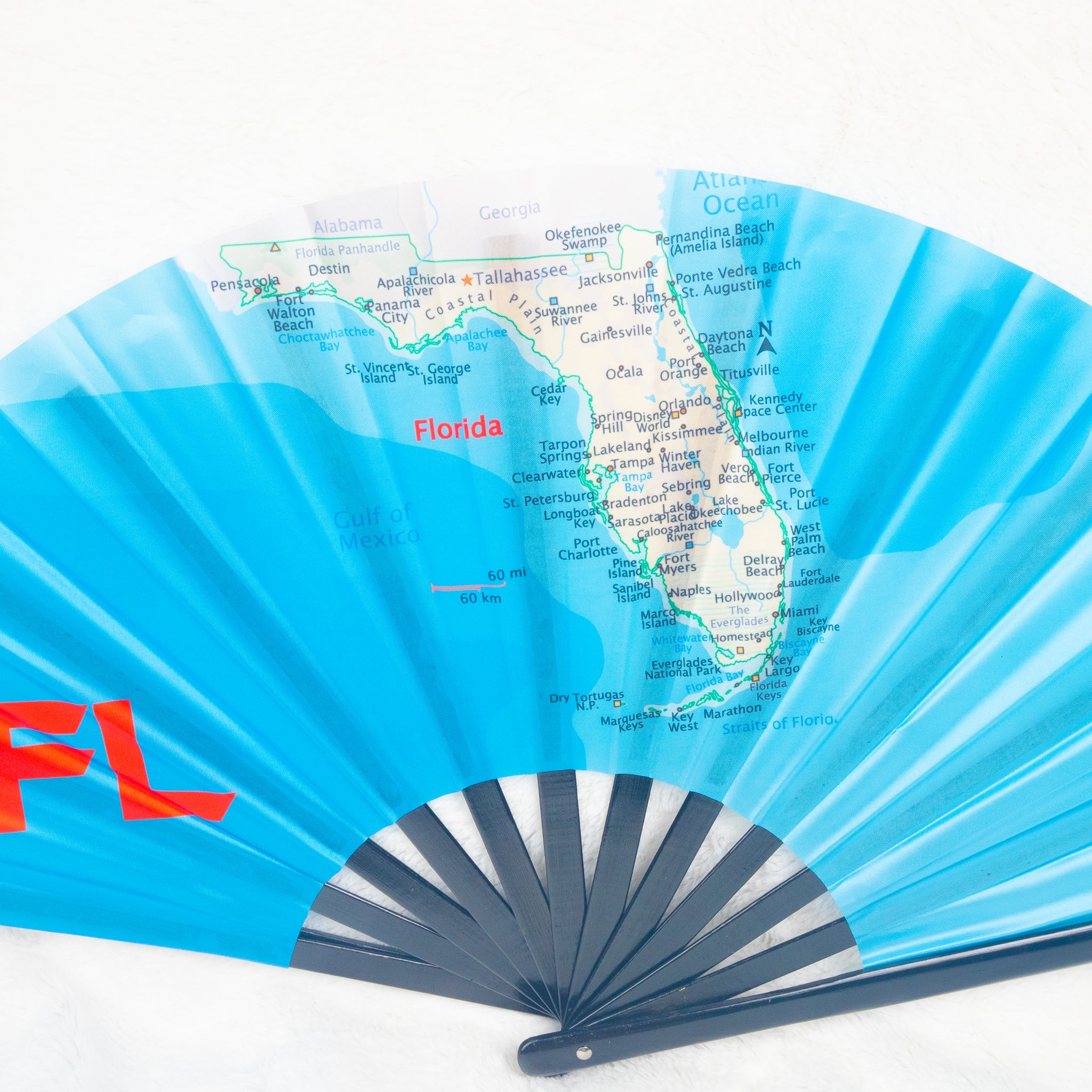 Florida Map Large Bamboo Hand Fan (Blue)