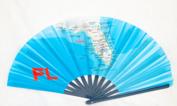 Florida Map Large Bamboo Hand Fan (Blue)