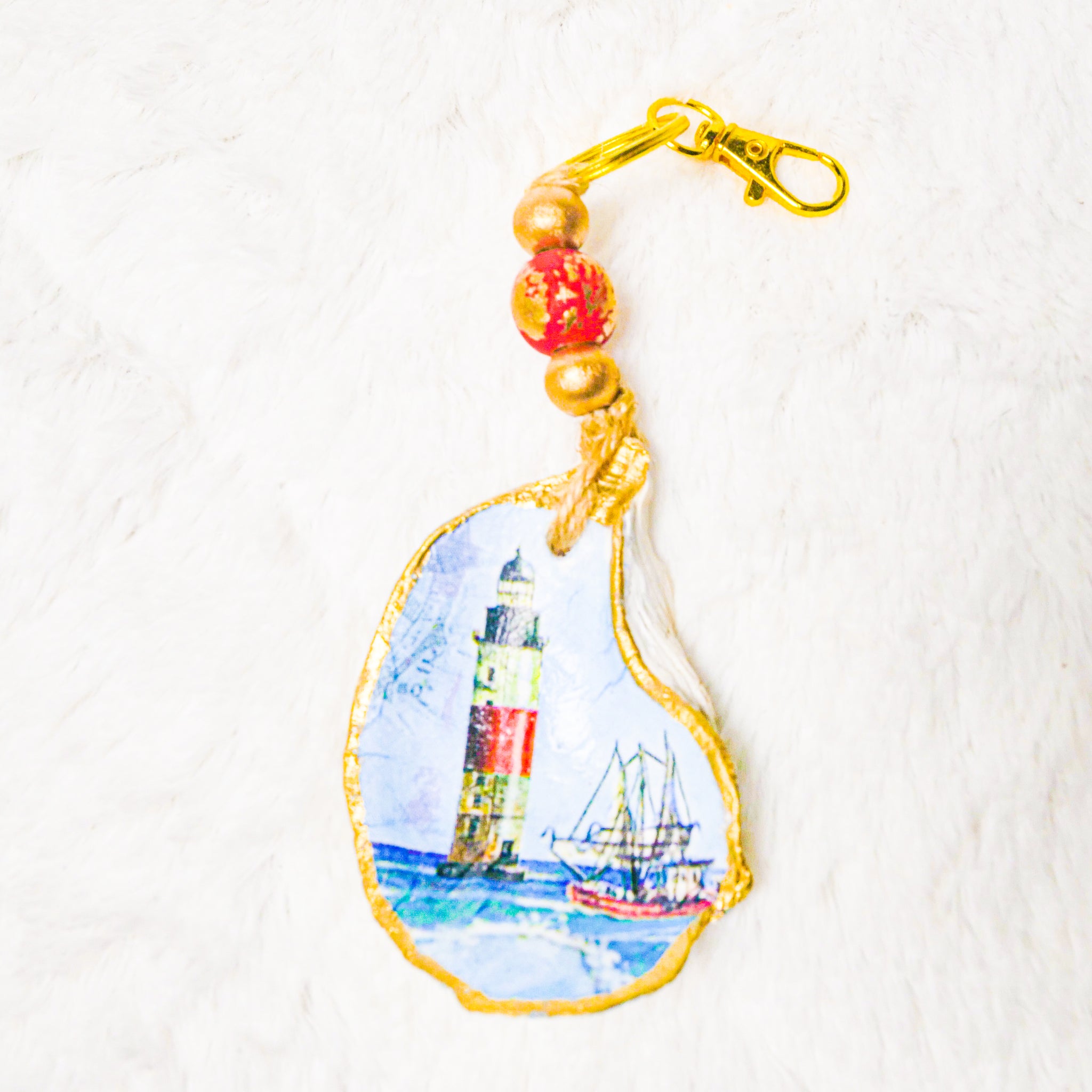 Oyster Lighthouse Decoupaged Keychain